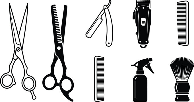 Barber Shop Tool Icon Set with Scissors Thinning Shears Razor Clipper Comb Spray Bottle and Shaving Brush Vector Silhouettes