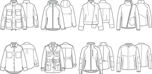 Vector fashion flat sketches of various outerwear jackets showing front and back views for technical apparel design © MD