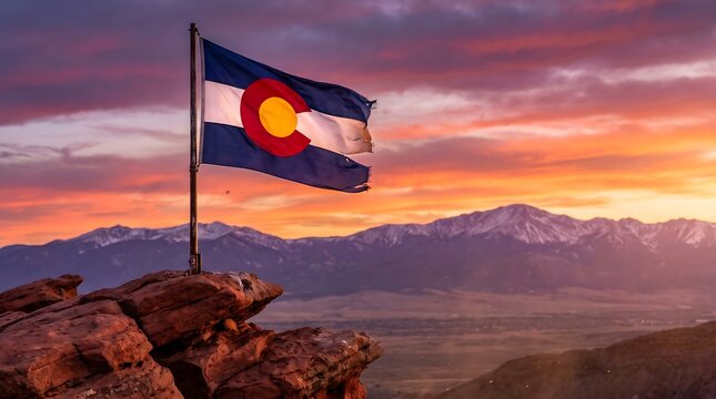 Colorado state flag waving proudly on a rocky peak with mountains background at sunset.
