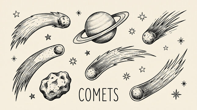 Hand drawn comet and planet set. Sketch style space elements for astronomy design.