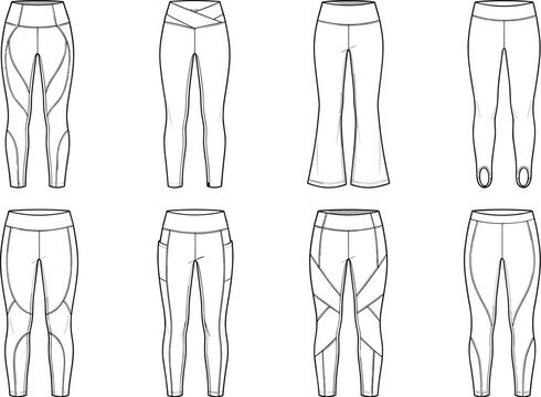 Vector fashion flat sketches of various women activewear leggings and yoga pants front views for technical apparel design