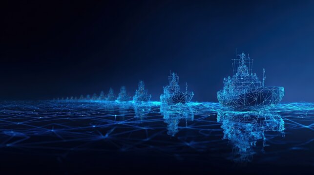 Digital warships emerge from a deep blue ocean grid, representing naval technology and cyber warfare in a futuristic technological concept. ..Created with Generative AI, not depicting real subjects.