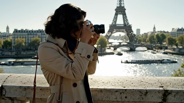 Woman tourist taking photos near Paris tower. Tourist with camera explores Paris river view. Woman traveler photographs city from bridge. Paris travel with camera on sunny day. Tourist enjoys Paris.