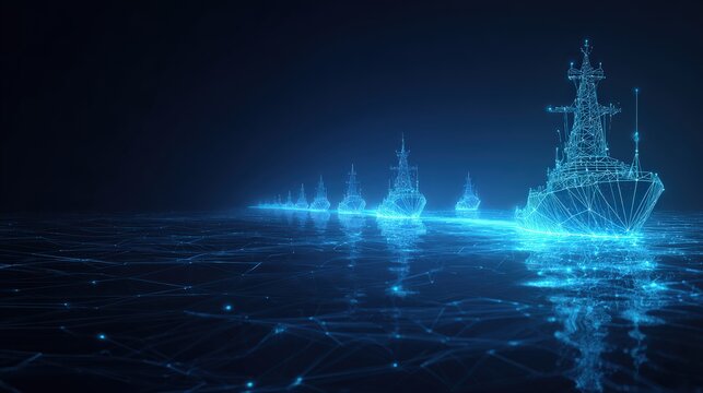 A fleet of digital warships, rendered in glowing blue wireframe, sails in formation across a dark, interconnected digital ocean. ..Created with Generative AI, not depicting real subjects.