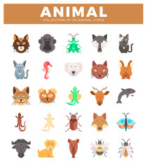 Obraz premium A animal icons in a grid layout against a white background. Various creatures. including mammals. insects. and marine life. are displayed. Set of 25 animal icons