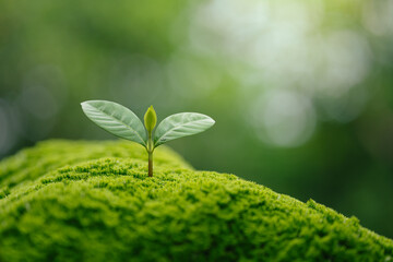 Fototapeta premium Environment and sustainability concept. Young Plant growing on green moss in forest for new life, ecological balance, biodiversity, conservation, renewable resources and sustainable development.