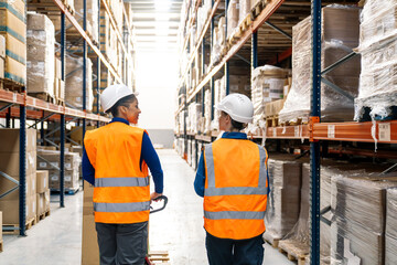 Fototapeta premium Two women in safety vests and hard hats moving inventory boxes along aisles of a busy logistics warehouse