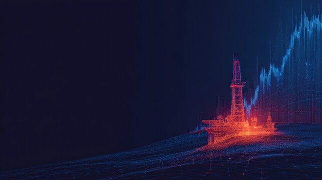 A drilling rig on the ocean surface with a digital graph in the background represents the oil and gas industry. ..Created with Generative AI, not depicting real subjects.