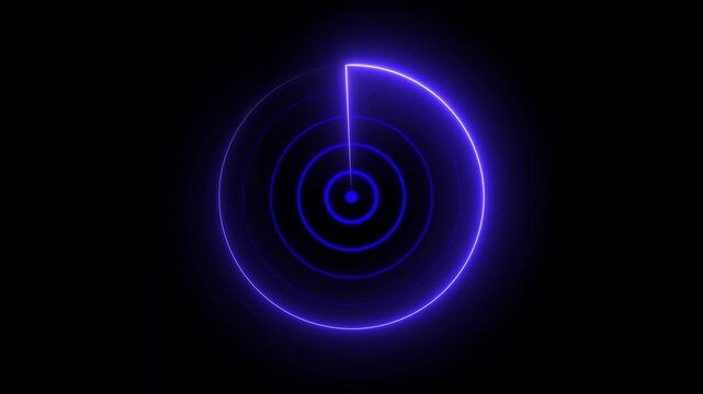 Neon blue radar scanner animation with rotating sweep on black background, sonar detection