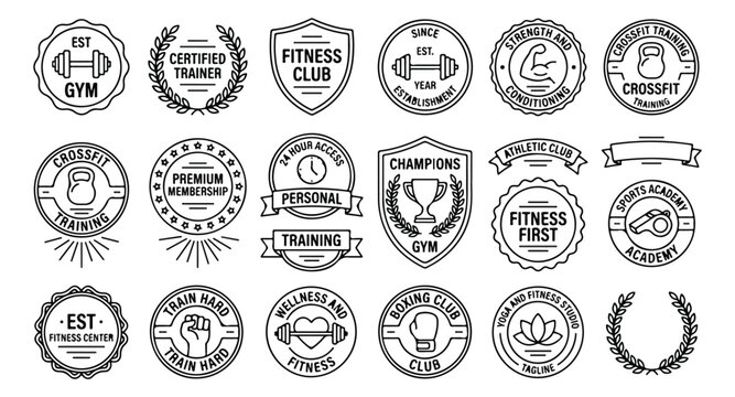 Vintage fitness gym badges and sports logos, set of 18 black and white vector icons, retro athletic club emblems for crossfit and bodybuilding