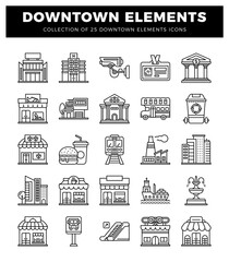 Fototapeta premium downtown element icons with simple line art on a white background. featuring buildings and transportation