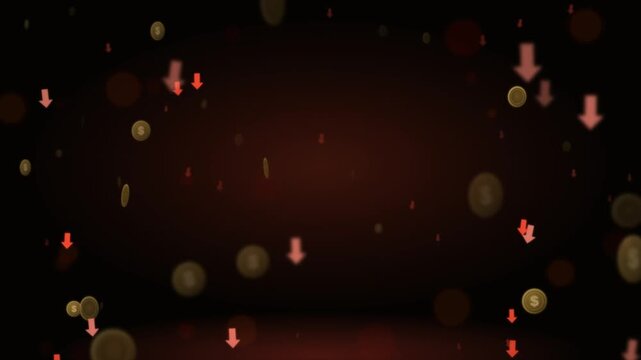 Financial loss motion background with falling gold coins and red decline arrows dark loop