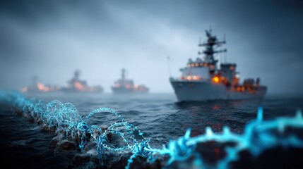 Obraz premium A fleet of naval ships sails through misty, dark waters, their lights glowing against the gloom. ..Created with Generative AI, not depicting real subjects.