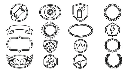 Skateboard badge collection with 16 urban icons, street style vector emblems and frames, black and white skate culture logo elements © ali
