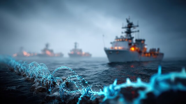 A fleet of naval ships sails through misty, dark waters, their lights glowing against the gloom. ..Created with Generative AI, not depicting real subjects.