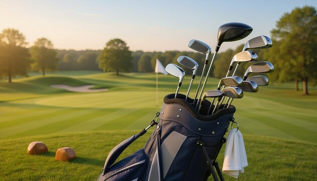 Golf Equipment. Golf Clubs. Golf Course Landscape.