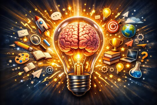 Una bombilla con un cerebro dentro, rodeada de una r&aacute;faga de ideas