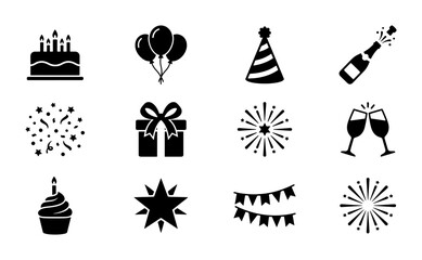 Fototapeta premium Celebration Icons Set: Birthday Cake, Balloons, Party Hat, Champagne, Gift Box, Confetti, Bunting, Star, Firework, Toasting Glasses Vector Graphics