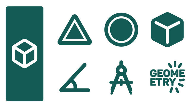 Professional minimalist dark teal geometry icon set featuring triangle, circle, isometric cube, math angle, drafting compass, and geometric typography on white background.