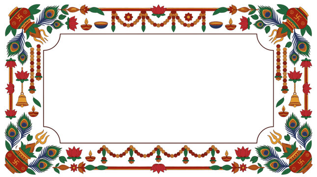 Colorful Hindu festival frame with traditional religious symbols like Kalash and peacock feather for Indian celebrations.