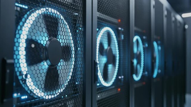 Close up of cooling fans with blue LED lights spinning inside a modern server rack in a high tech data center.