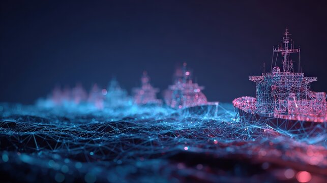 A fleet of digitally rendered naval ships navigate a luminous, network-patterned ocean. ..Created with Generative AI, not depicting real subjects.