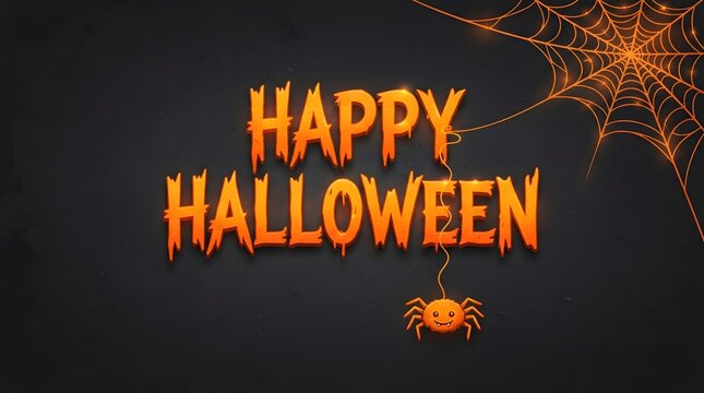 Spooky happy halloween typography orange glowing text with spiderweb and cartoon spider for festive october 31st celebrations