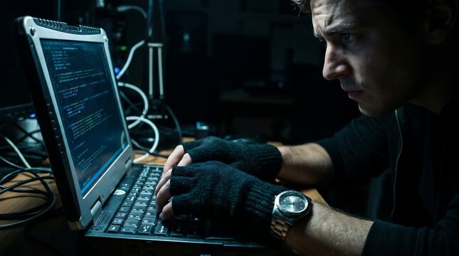Cybersecurity specialist in fingerless gloves typing code on laptop in dimly lit room
