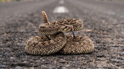 Naklejka premium Rattlesnake curves and shows tongue isolated on road background cut out 8k realistic portrait 