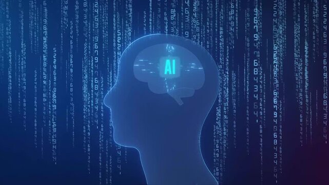 Cyber Digital Human Profile Concept with Glowing Artificial Intelligence Brain Icon and Vertical Code Matrix Screen Loop Animation.