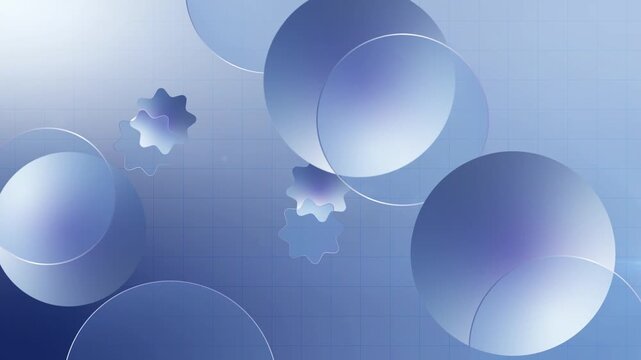 Elegant Abstract Light Blue Background with Frosted Glassmorphism Circles, Floating Spheres, and Geometric Glass Stars Loop Animation.