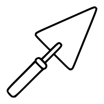 Hand-drawn vector icon of pointing trowel for masonry construction, minimalist line art illustration on white background, scalable outline design for building and renovation work tools.
