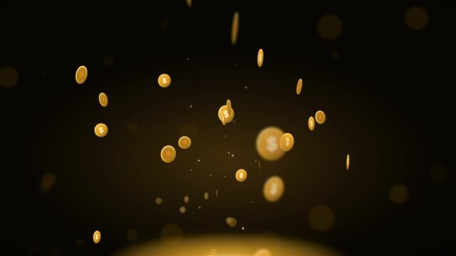 Gold coins motion background with falling money bokeh and golden glow on dark backdrop loop