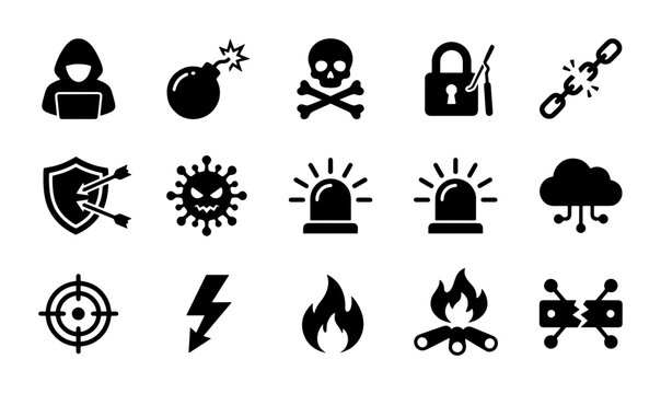 Cyber Security Icons Set: Hacker, Bomb, Skull, Lock, Chain Link, Shield, Virus, Alarm, Cloud, Target, Lightning, Fire, Network Breach