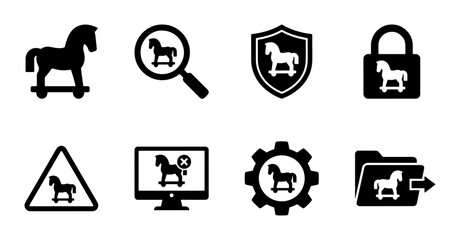 Trojan Horse Cybersecurity Icons, Digital Threat Security Symbols, Malware Protection Vector Graphics, Computer Virus Warning Signs, Data Breach Prevention Icons © Robin