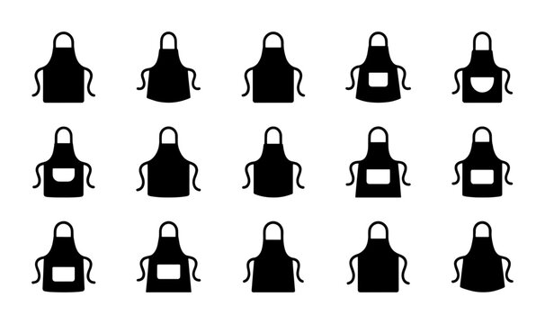 Set of 15 Black Apron Icons, Kitchen Wear Vector Collection, Chef Uniform Symbols for Cooking and Baking
