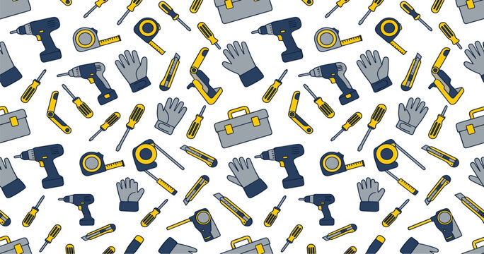 Construction work tools seamless pattern featuring line vector illustrations of electric drills screwdrivers tape measures gloves toolboxes and utility cutter knives backdrop