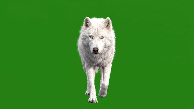 Majestic white wolf walking towards camera on green screen.