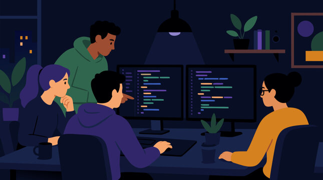 Developer Team Coding Together Around Dual Monitors in Dark Studio, Collaborative Programming Session, Software Development Teamwork, Computer Science Education, Tech Industry Workplace Vector