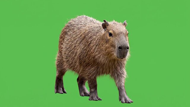 A cute capybara walking slowly isolated on a green screen background.
