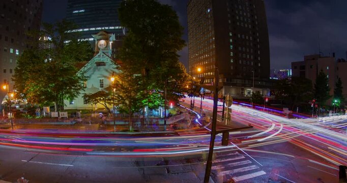 Sapporo Clock Tower Night Traffic Light Trails Timelapse: Illuminated Historic Building, Hokkaido, Japan - Wide Angle Shot

