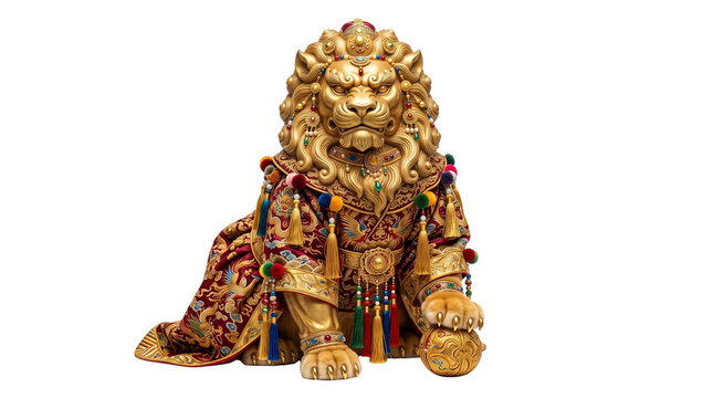 Golden chinese guardian lion statue isolated on transparent background