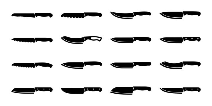 Kitchen Knife Set, Chef Knives Collection, Culinary Blades Assortment, Food Preparation Tools, Black Vector Icons