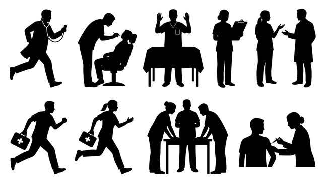 Set of medical staff silhouettes, doctors and nurses in various clinical actions, hospital procedures, diagnostic care, healthcare professional icons