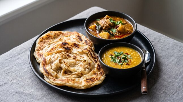 Typical Indian roti canai on a black plate