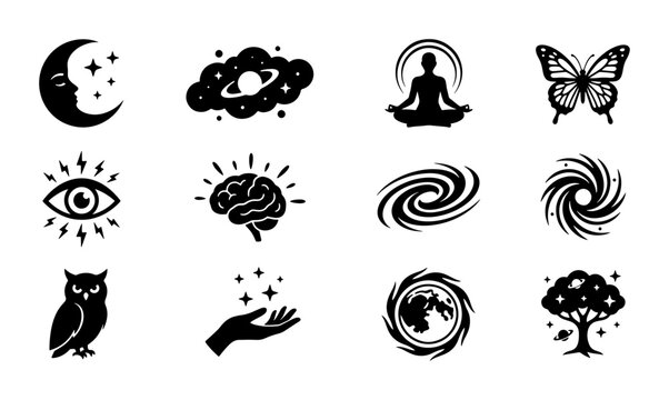 Mystical Celestial Icons, Cosmic Galaxy Symbols, Esoteric Mindfulness Graphics, Spiritual Nature Elements, 12 Vector Icons Set