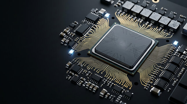 Advanced computer processor chip mounted on motherboard with electronic circuits.