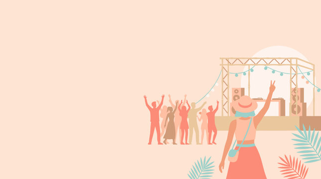 People dancing at summer festival with stage, tropical leaves, music concert crowd with copy space, summer party vibes, celebration lifestyle event