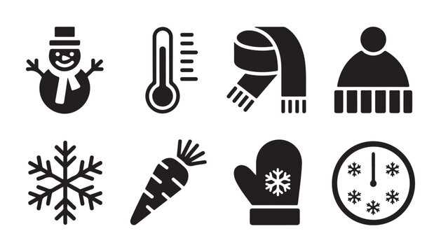 Winter holiday icon collection with snowman thermometer scarf and mittens for cold weather season designs.