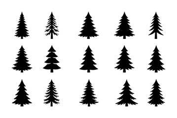 Obraz premium Diverse Evergreen Pine Tree Silhouettes, Set of 15 Black Conifer Vector Icons for Nature and Forest Graphics, Winter and Woodland Design Elements